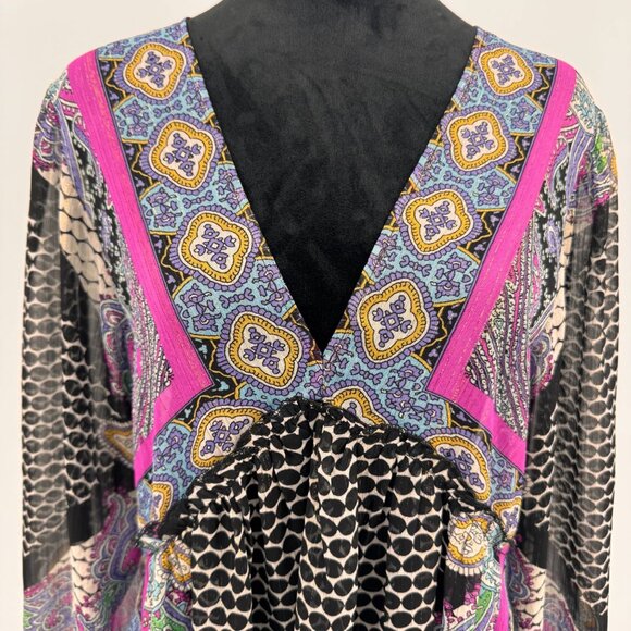 Rose Olive Sheer Babydoll Top Womens M‎ Balloon Sleeve Metallic Threads Fairy - Picture 5 of 8